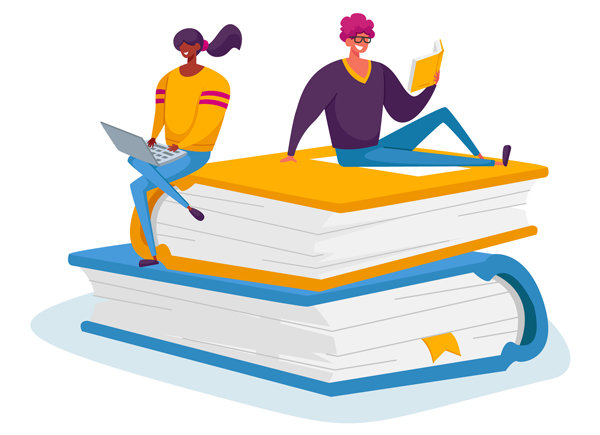 A graphic illustration of a male and female student on a life-sized pile of books