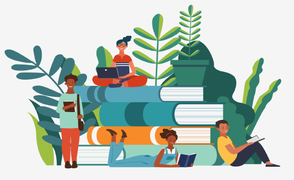 A graphic illustration of children sitting and standing around a stack of life-size books.
